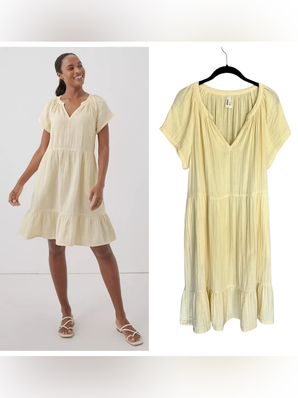 Pact Organic Cotton Coastal Double Gauze Throw-And-Go Dress pale yellow sz  L